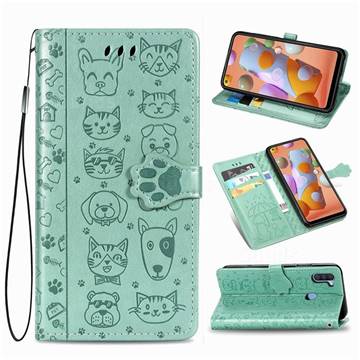 Embossing Dog Paw Kitten and Puppy Leather Wallet Case for Samsung Galaxy M11 - Green