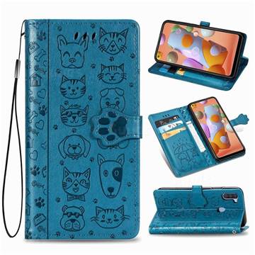 Embossing Dog Paw Kitten and Puppy Leather Wallet Case for Samsung Galaxy M11 - Blue