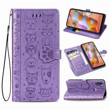Embossing Dog Paw Kitten and Puppy Leather Wallet Case for Samsung Galaxy M11 - Purple