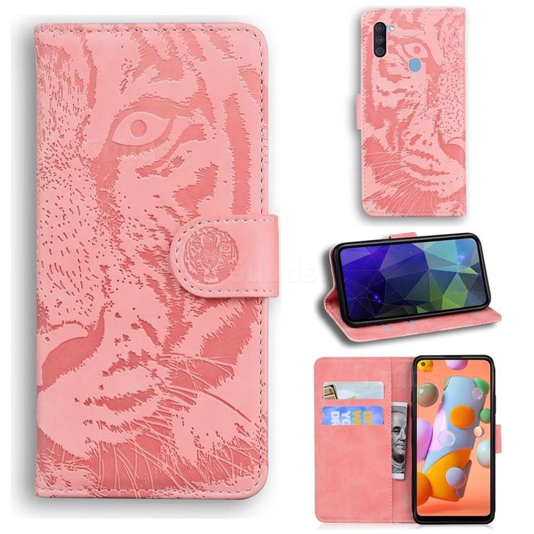 Intricate Embossing Tiger Face Leather Wallet Case for Samsung Galaxy M11 - Pink