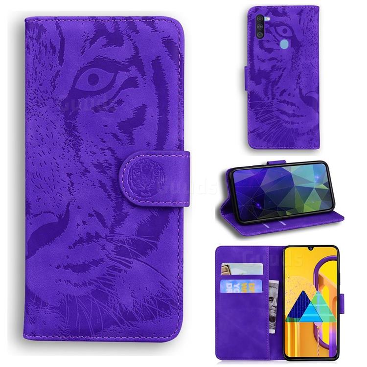 Intricate Embossing Tiger Face Leather Wallet Case for Samsung Galaxy M11 - Purple