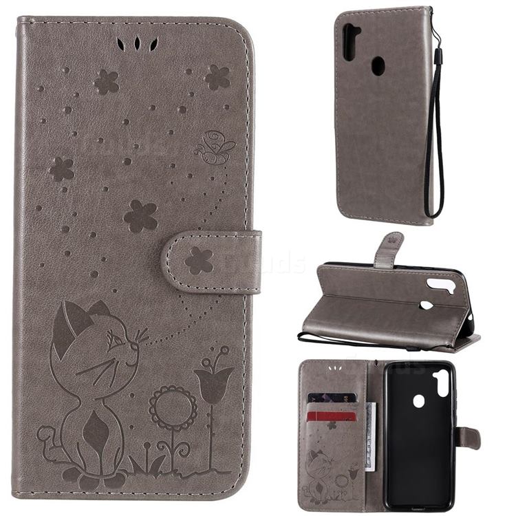 Embossing Bee and Cat Leather Wallet Case for Samsung Galaxy M11 - Gray