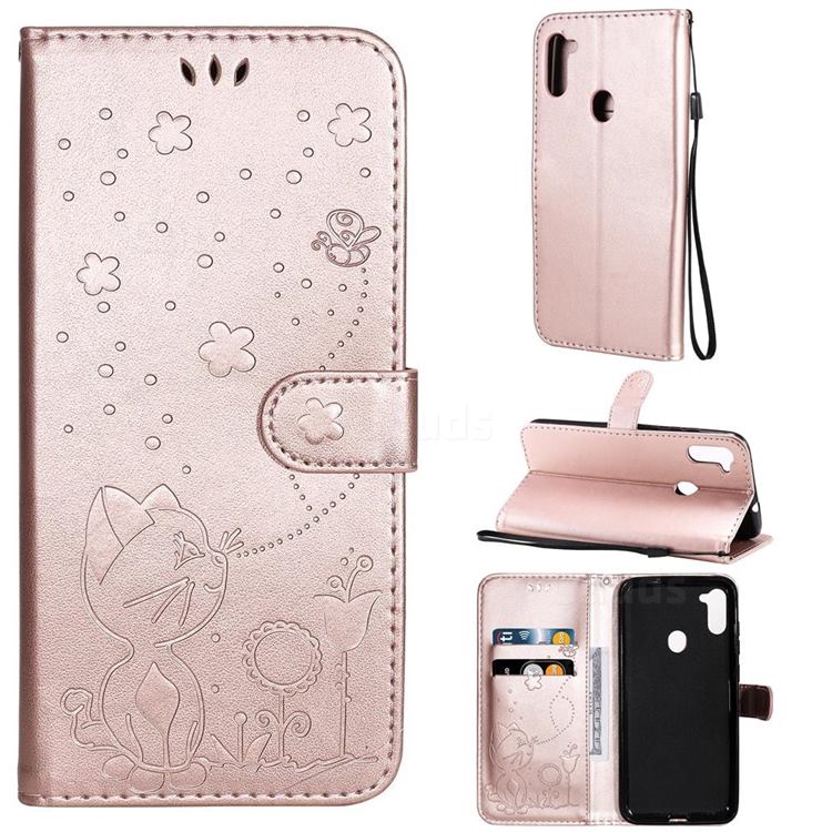 Embossing Bee and Cat Leather Wallet Case for Samsung Galaxy M11 - Rose Gold