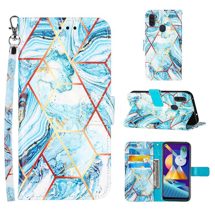 Lake Blue Stitching Color Marble Leather Wallet Case for Samsung Galaxy M11