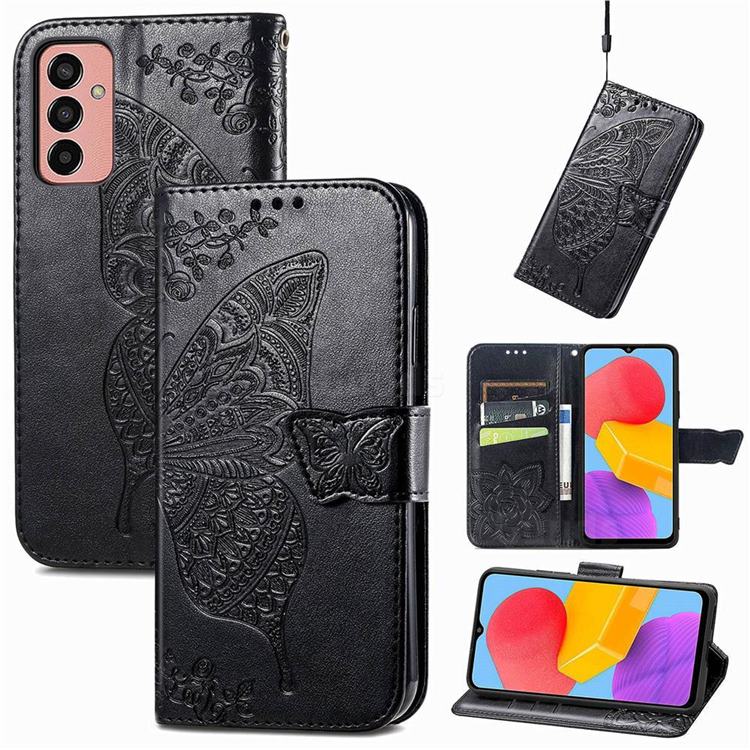 Embossing Mandala Flower Butterfly Leather Wallet Case for Samsung Galaxy M13 4G - Black