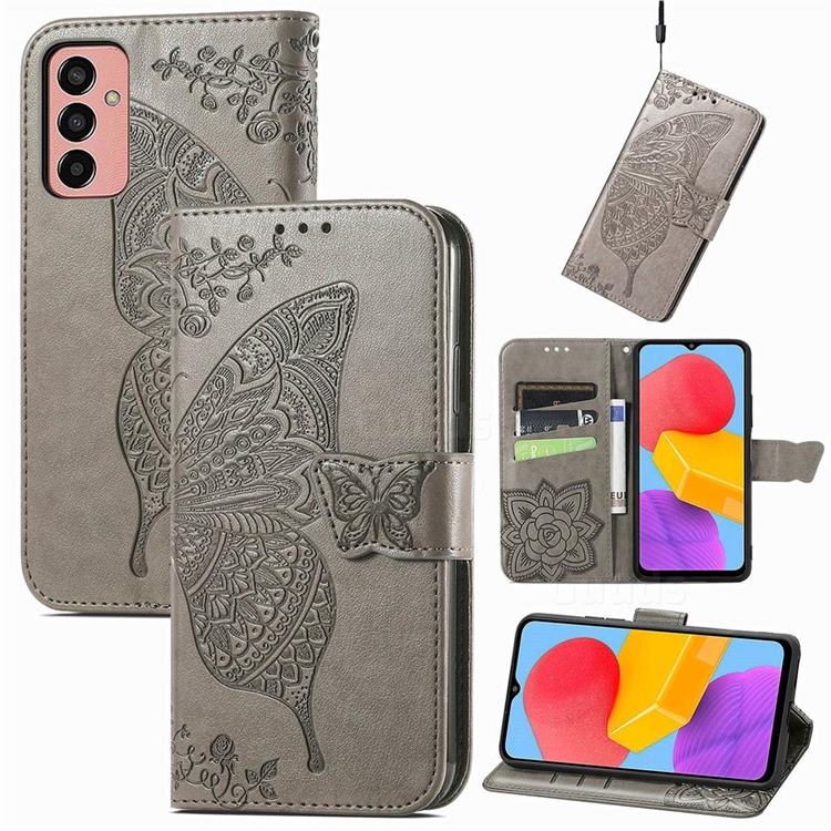 Embossing Mandala Flower Butterfly Leather Wallet Case for Samsung Galaxy M13 4G - Gray