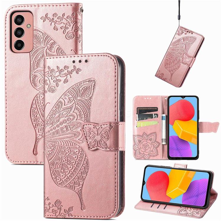 Embossing Mandala Flower Butterfly Leather Wallet Case for Samsung Galaxy M13 4G - Rose Gold