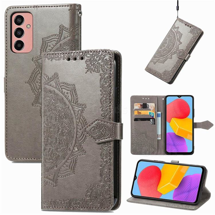 Embossing Imprint Mandala Flower Leather Wallet Case for Samsung Galaxy M13 4G - Gray
