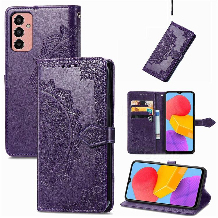 Embossing Imprint Mandala Flower Leather Wallet Case for Samsung Galaxy M13 4G - Purple