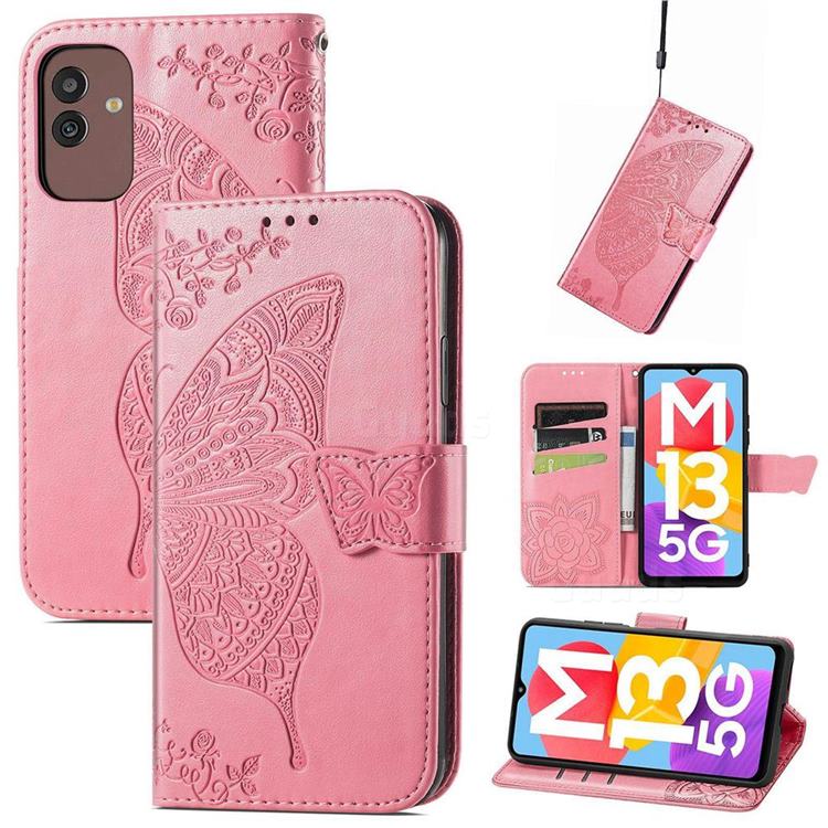 Embossing Mandala Flower Butterfly Leather Wallet Case for Samsung Galaxy M13 5G - Pink