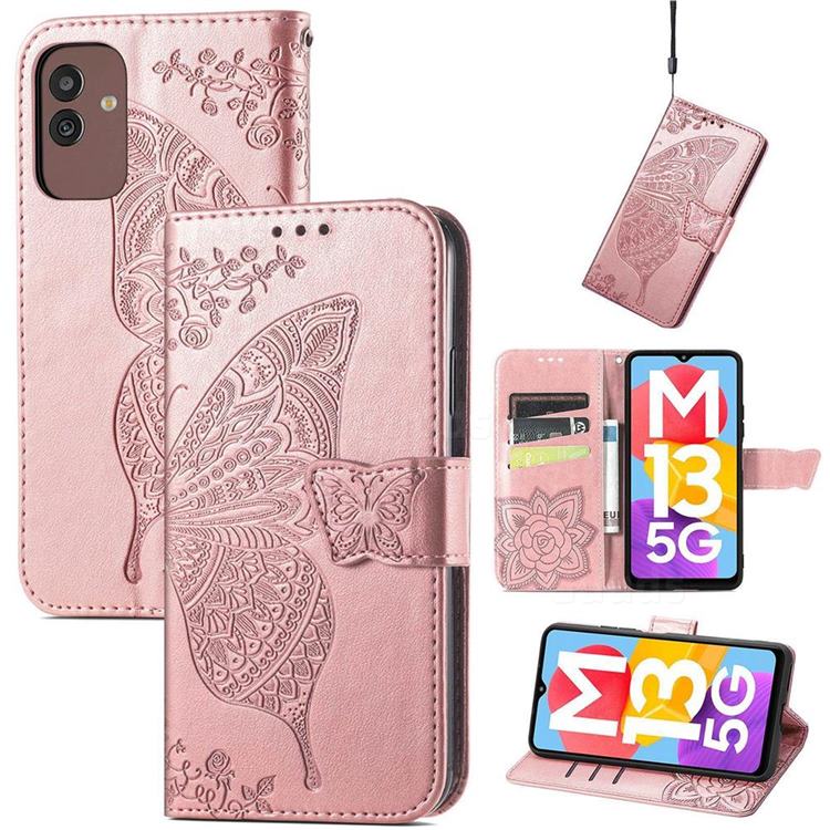 Embossing Mandala Flower Butterfly Leather Wallet Case for Samsung Galaxy M13 5G - Rose Gold