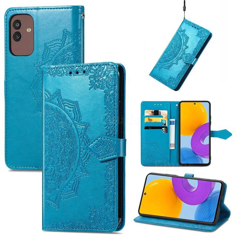 Embossing Imprint Mandala Flower Leather Wallet Case for Samsung Galaxy M13 5G - Blue