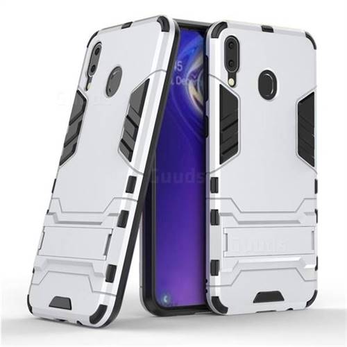 Armor Premium Tactical Grip Kickstand Shockproof Dual Layer Rugged Hard Cover for Samsung Galaxy M20 - Silver