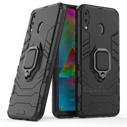 Black Panther Armor Metal Ring Grip Shockproof Dual Layer Rugged Hard Cover for Samsung Galaxy M20 - Black