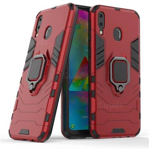 Black Panther Armor Metal Ring Grip Shockproof Dual Layer Rugged Hard Cover for Samsung Galaxy M20 - Red