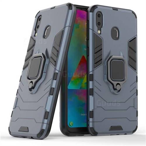 Black Panther Armor Metal Ring Grip Shockproof Dual Layer Rugged Hard Cover for Samsung Galaxy M20 - Blue