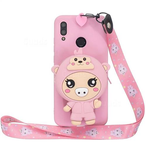 Pink Pig Neck Lanyard Zipper Wallet Silicone Case for Samsung Galaxy M20