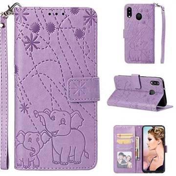 Embossing Fireworks Elephant Leather Wallet Case for Samsung Galaxy M20 - Purple