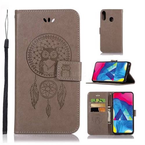 Intricate Embossing Owl Campanula Leather Wallet Case for Samsung Galaxy M20 - Grey