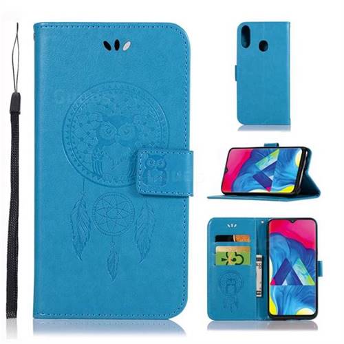 Intricate Embossing Owl Campanula Leather Wallet Case for Samsung Galaxy M20 - Blue