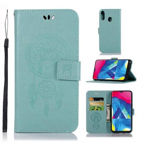 Intricate Embossing Owl Campanula Leather Wallet Case for Samsung Galaxy M20 - Green