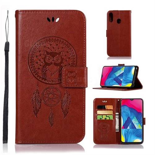 Intricate Embossing Owl Campanula Leather Wallet Case for Samsung Galaxy M20 - Brown