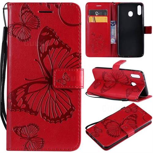 Embossing 3D Butterfly Leather Wallet Case for Samsung Galaxy M20 - Red