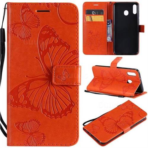 Embossing 3D Butterfly Leather Wallet Case for Samsung Galaxy M20 - Orange