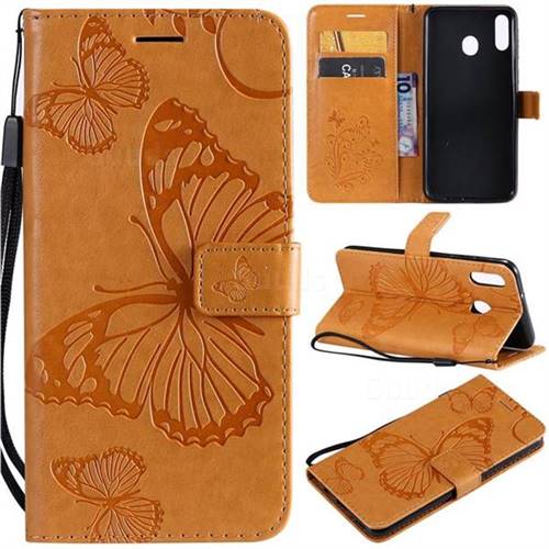 Embossing 3D Butterfly Leather Wallet Case for Samsung Galaxy M20 - Yellow