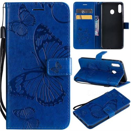 Embossing 3D Butterfly Leather Wallet Case for Samsung Galaxy M20 - Blue