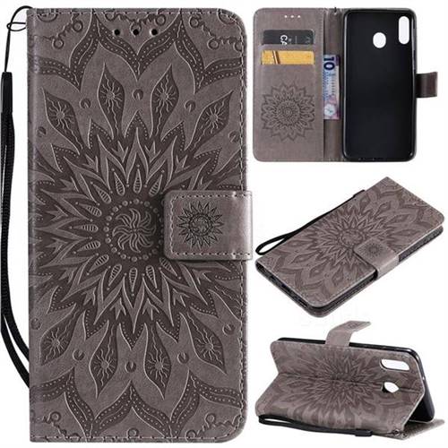 Embossing Sunflower Leather Wallet Case for Samsung Galaxy M20 - Gray