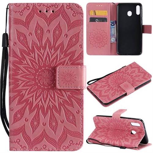 Embossing Sunflower Leather Wallet Case for Samsung Galaxy M20 - Pink