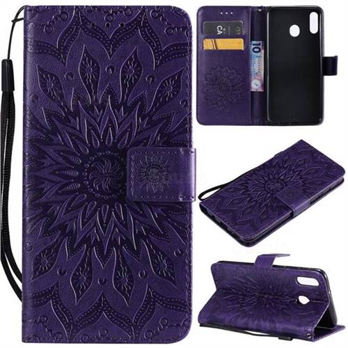 Embossing Sunflower Leather Wallet Case for Samsung Galaxy M20 - Purple