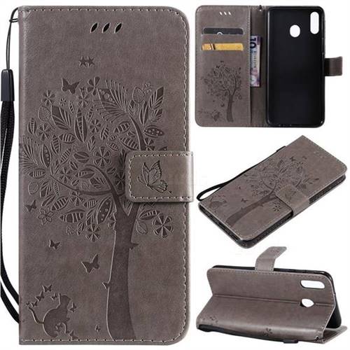 Embossing Butterfly Tree Leather Wallet Case for Samsung Galaxy M20 - Grey