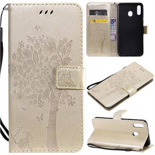 Embossing Butterfly Tree Leather Wallet Case for Samsung Galaxy M20 - Champagne