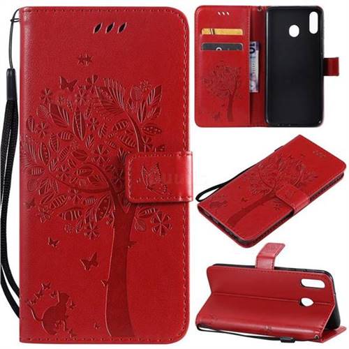 Embossing Butterfly Tree Leather Wallet Case for Samsung Galaxy M20 - Red