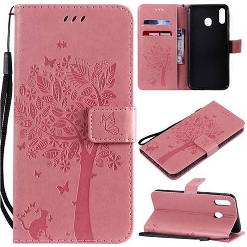 Embossing Butterfly Tree Leather Wallet Case for Samsung Galaxy M20 - Pink