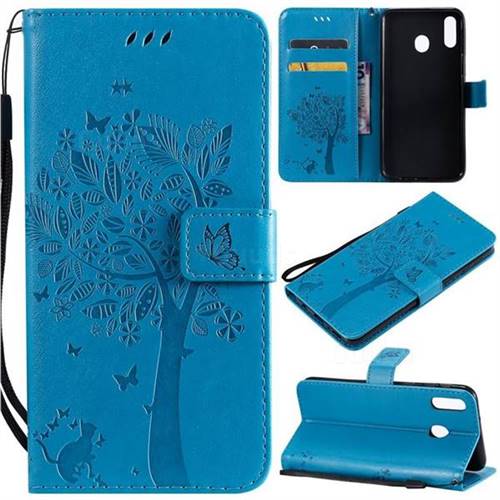 Embossing Butterfly Tree Leather Wallet Case for Samsung Galaxy M20 - Blue