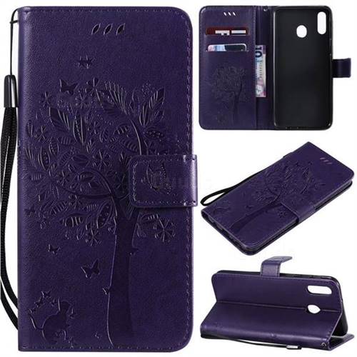 Embossing Butterfly Tree Leather Wallet Case for Samsung Galaxy M20 - Purple