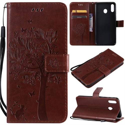 Embossing Butterfly Tree Leather Wallet Case for Samsung Galaxy M20 - Coffee