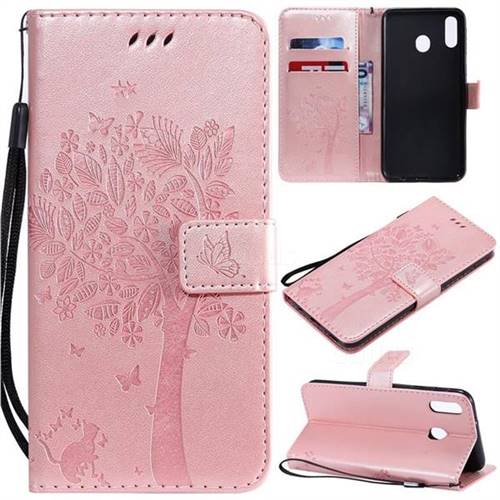 Embossing Butterfly Tree Leather Wallet Case for Samsung Galaxy M20 - Rose Pink