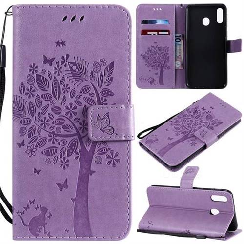Embossing Butterfly Tree Leather Wallet Case for Samsung Galaxy M20 - Violet