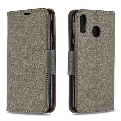 Classic Luxury Litchi Leather Phone Wallet Case for Samsung Galaxy M20 - Gray