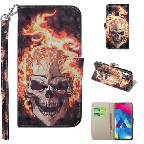 Flame Skull 3D Painted Leather Phone Wallet Case Cover for Samsung Galaxy M20