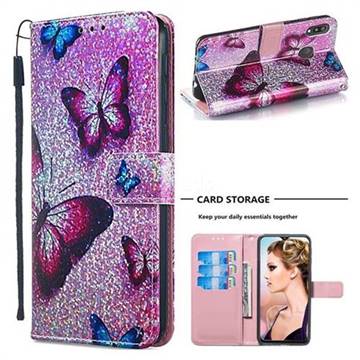 Blue Butterfly Sequins Painted Leather Wallet Case for Samsung Galaxy M20
