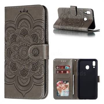 Intricate Embossing Datura Solar Leather Wallet Case for Samsung Galaxy M20 - Gray