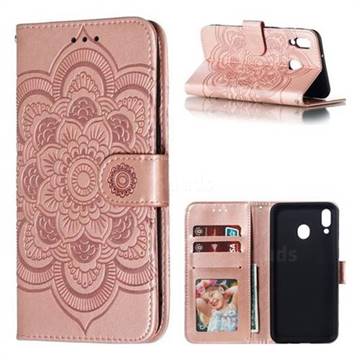 Intricate Embossing Datura Solar Leather Wallet Case for Samsung Galaxy M20 - Rose Gold