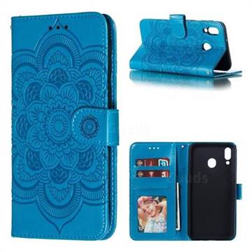 Intricate Embossing Datura Solar Leather Wallet Case for Samsung Galaxy M20 - Blue