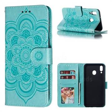 Intricate Embossing Datura Solar Leather Wallet Case for Samsung Galaxy M20 - Green