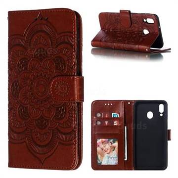 Intricate Embossing Datura Solar Leather Wallet Case for Samsung Galaxy M20 - Brown